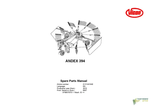 Vicon Andex 394 Rakes Single rotor 2015 Parts Manual Catalog Pdf Download