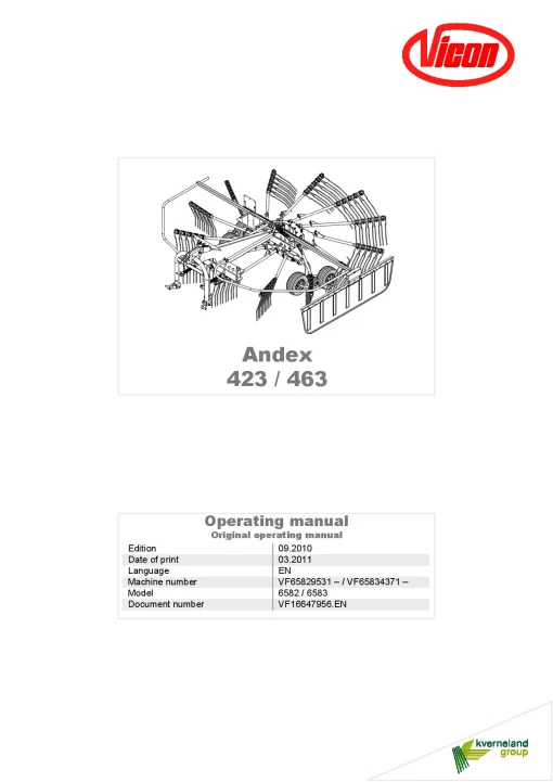 Vicon Andex 423 463 Rakes Single rotor 2010 Operation Maintenance Manual PDF download