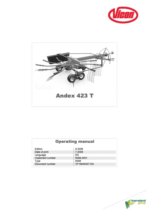 Vicon Andex 423T Rakes Single rotor 2007 Operation Maintenance Manual PDF download