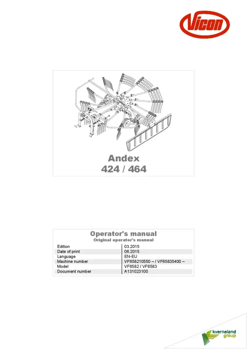 Vicon Andex 424 464 Rakes Single Rotor 2015 Operation Maintenance Manual PDF download