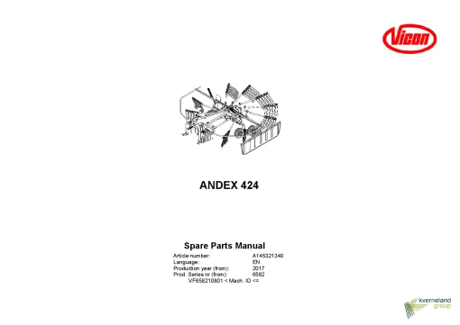 Vicon Andex 424 Rakes Single rotor 2017 Parts Manual Catalog Pdf Download