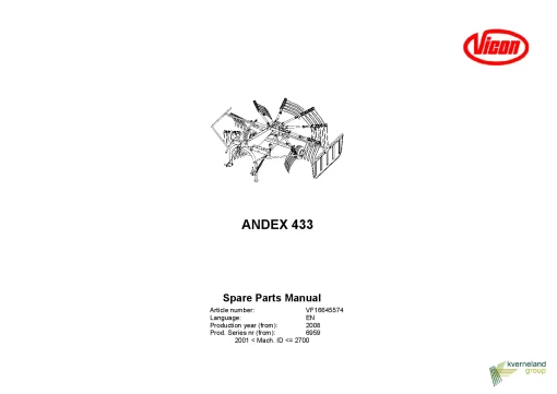 Vicon Andex 433 Rakes Single rotor 2008 Parts Manual Catalog Pdf Download