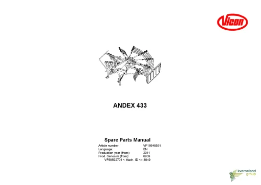 Vicon Andex 433 Rakes Single rotor 2011 Parts Manual Catalog Pdf Download