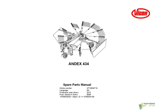 Vicon Andex 434 Rakes Single rotor 2012 Parts Manual Catalog Pdf Download