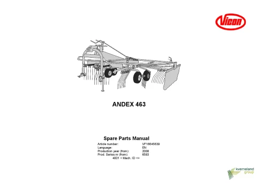 Vicon Andex 463 Rakes Single rotor 2008 Parts Manual Catalog Pdf Download