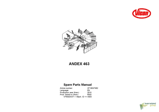 Vicon Andex 463 Rakes Single rotor 2010 Parts Manual Catalog Pdf Download