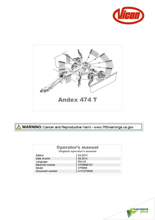 Vicon Andex 474T Rakes Single rotor 2014 North America Operation Maintenance Manual PDF download