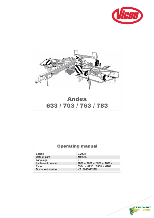 Vicon Andex 633 703 763 783 Rakes multi rotors 2008 Operation Maintenance Manual PDF download