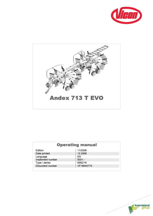 Vicon Andex 713T Evo Rakes Multi Rotors 2006 Operation Maintenance Manual PDF download