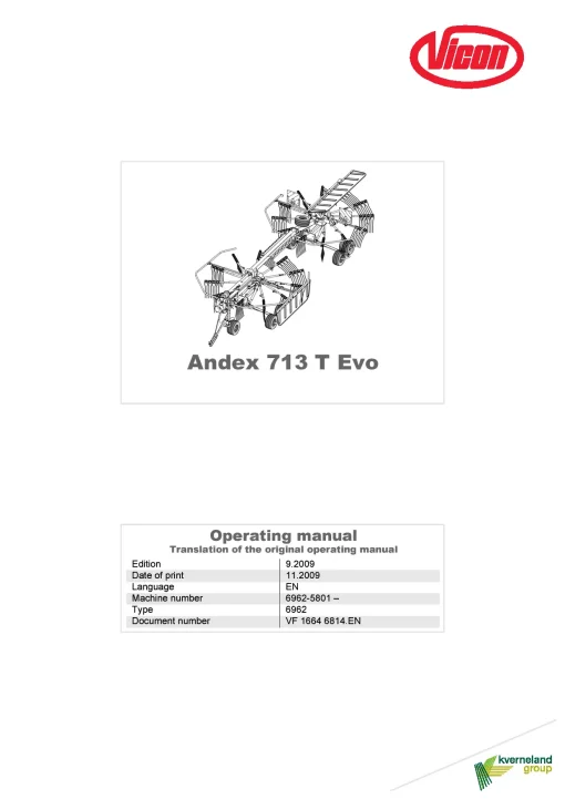 Vicon Andex 713T Evo Rakes Multi Rotors 2009 Operation Maintenance Manual PDF download