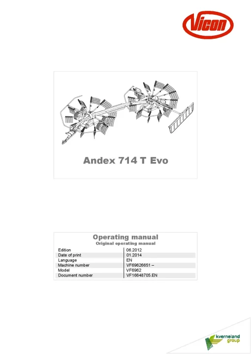Vicon Andex 714T Evo Rakes Multi Rotors 2014 Operation Maintenance Manual PDF download
