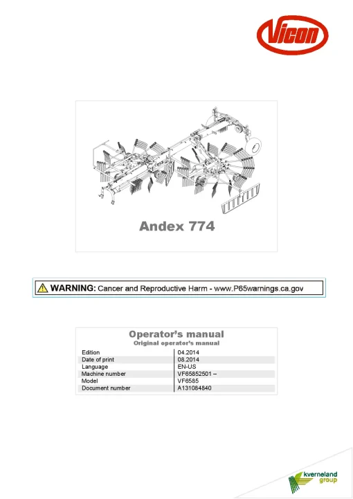 Vicon Andex 774 Rakes Multi Rotors 2014 North America Operation Maintenance Manual PDF download