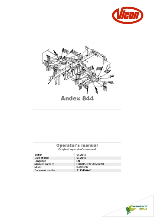 Vicon Andex 844 Rakes Multi rotors 2018 Operation Maintenance Manual PDF download