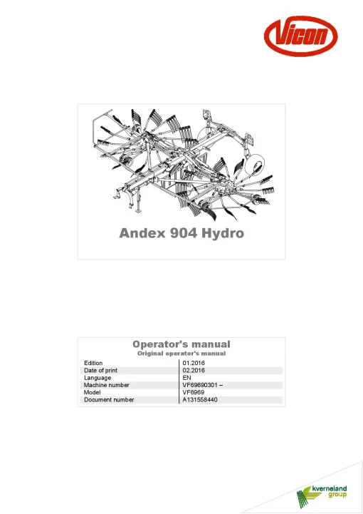 Vicon Andex 904 Hydro Rakes multi rotors 2016 Operation Maintenance Manual PDF download