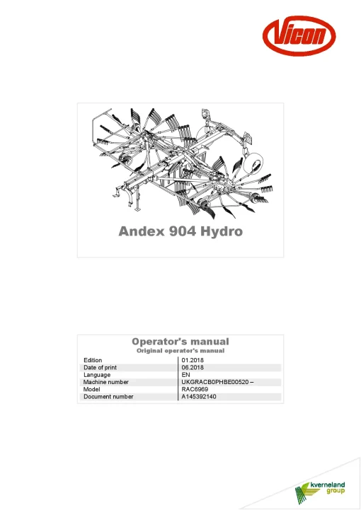 Vicon Andex 904 Hydro Rakes multi rotors 2018 Operation Maintenance Manual PDF download