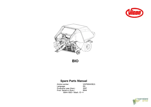 Vicon BIO Round Baler-wrapper 2007 Parts Manual Catalog Pdf Download