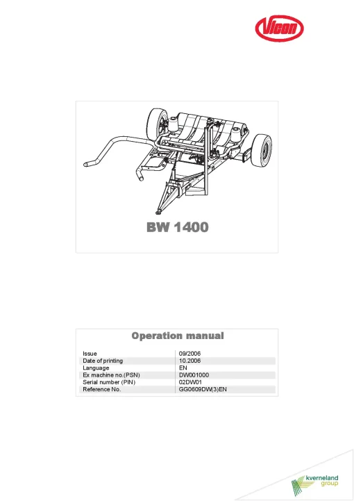 Vicon BW 1400 Bale wrapper 2006 Operation Maintenance Manual PDF download