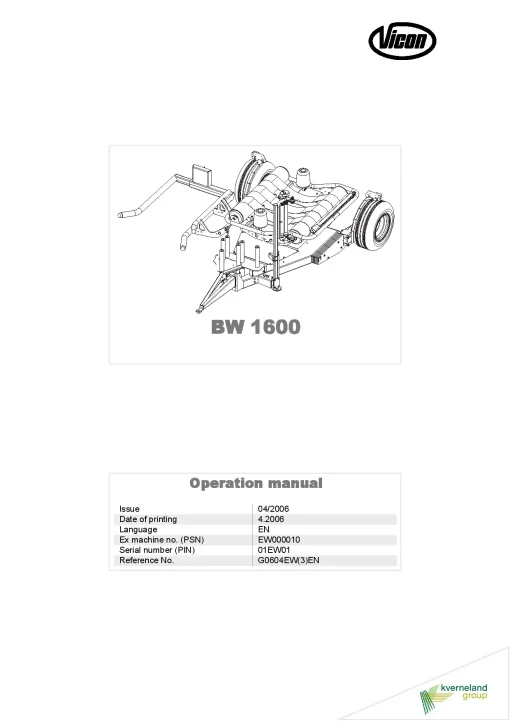 Vicon BW 1600 Bale wrapper 2006 Operation Maintenance Manual PDF download