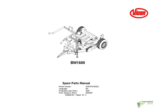 Vicon BW 1600 Bale wrapper 2007 Sn 000191 Parts Manual Catalog Pdf Download