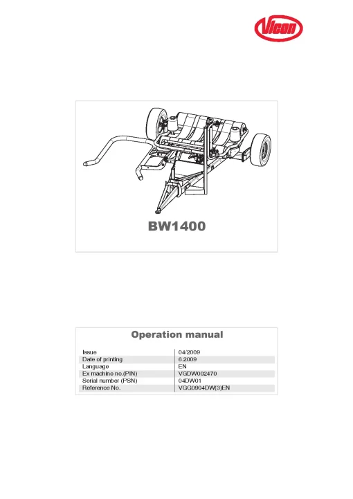 Vicon BW1400 Bale wrappers 2008 Operation Maintenance Manual PDF download