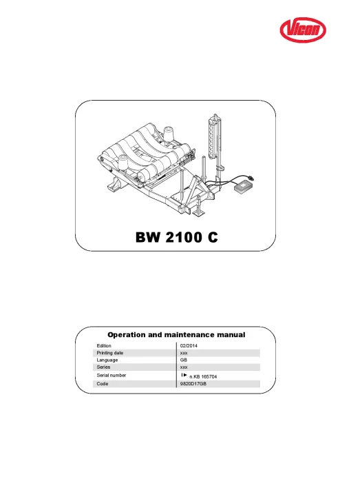 Vicon BW2100C Bale wrapper 2014 Operation Maintenance Manual PDF download