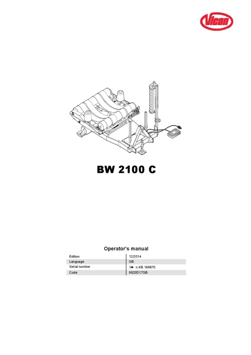 Vicon BW2100C Bale wrapper 2015 Operation Maintenance Manual PDF download