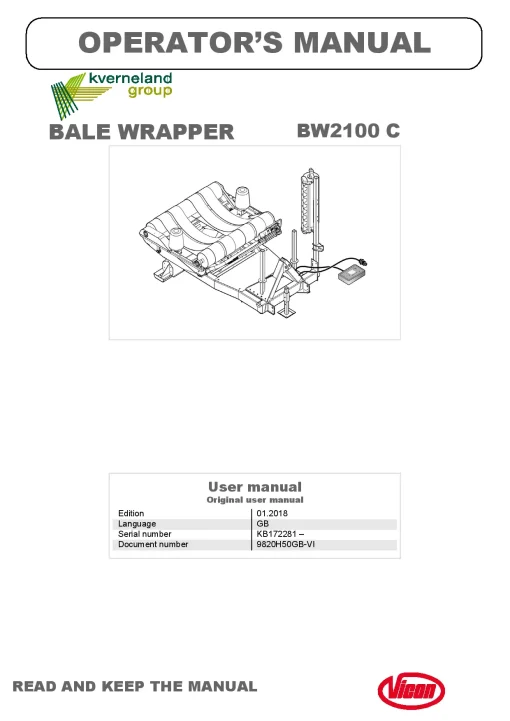 Vicon BW2100C Bale wrapper 2018 Operation Maintenance Manual PDF download