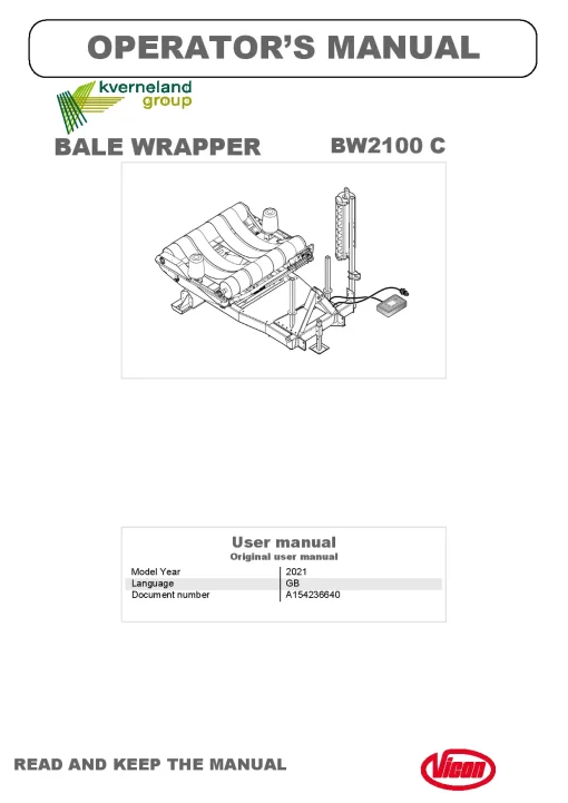 Vicon BW2100C Bale wrapper 2021 Operation Maintenance Manual PDF download