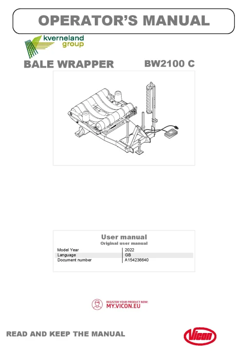 Vicon BW2100C Bale wrapper 2022 Operation Maintenance Manual PDF download