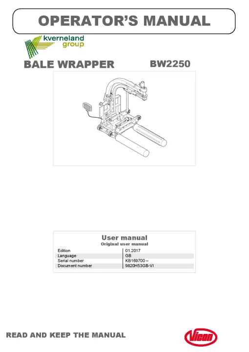 Vicon BW2250 Bale wrapper 2017 Operation Maintenance Manual PDF download