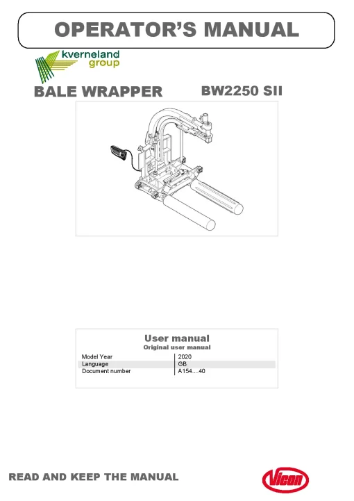 Vicon BW2250 SII Bale wrapper 2020 Operation Maintenance Manual PDF download