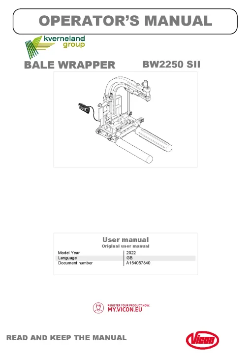 Vicon BW2250 SII Bale wrapper 2022 Operation Maintenance Manual PDF download