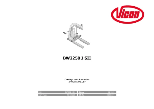 Vicon BW2250J SII Bale wrapper 2019 Parts Manual Catalog Pdf Download