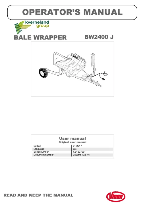 Vicon BW2400 J Bale wrapper 2017 Operation Maintenance Manual PDF download