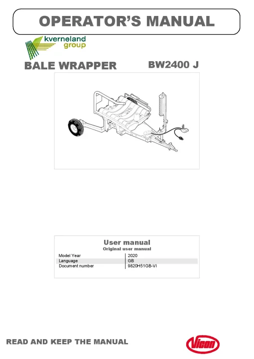 Vicon BW2400 J Bale wrapper 2020 Operation Maintenance Manual PDF download