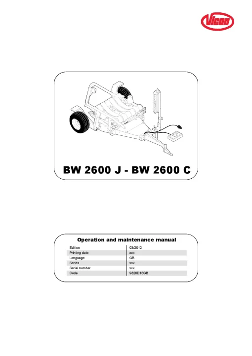 Vicon BW2600 -J C Bale wrapper 2012 Operation Maintenance Manual PDF download