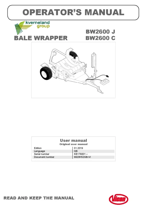 Vicon BW2600 - J C Bale wrapper 2019 Operation Maintenance Manual PDF download