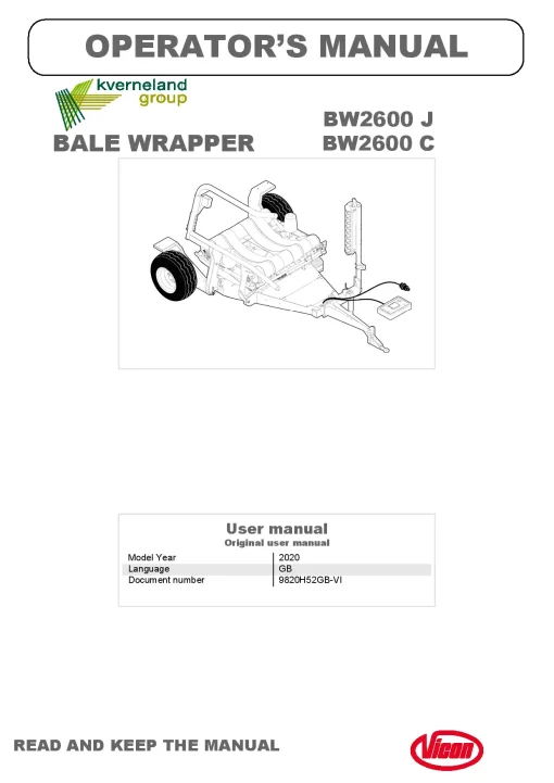 Vicon BW2600 - J C Bale wrapper 2020 Operation Maintenance Manual PDF download