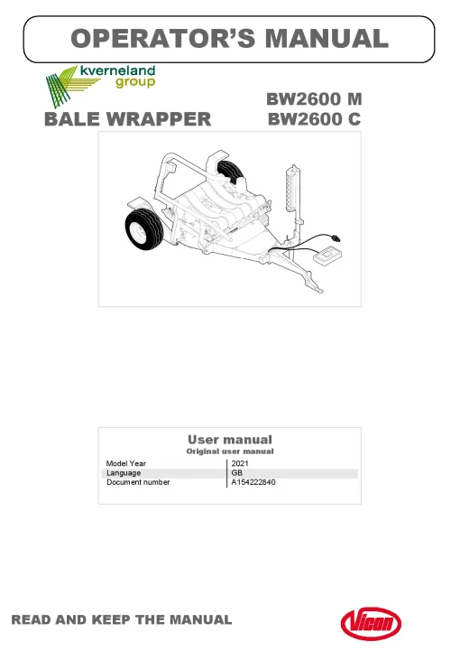 Vicon BW2600 -M C Bale wrapper 2021 Operation Maintenance Manual PDF download