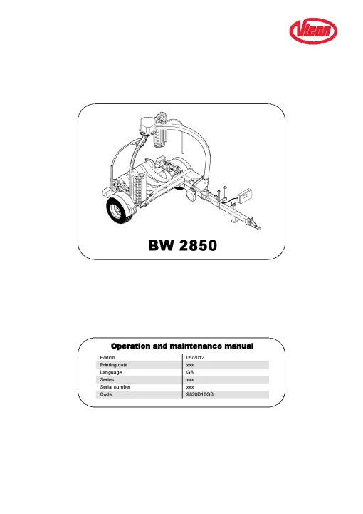 Vicon BW2850 Bale wrapper 2012 Operation Maintenance Manual PDF download