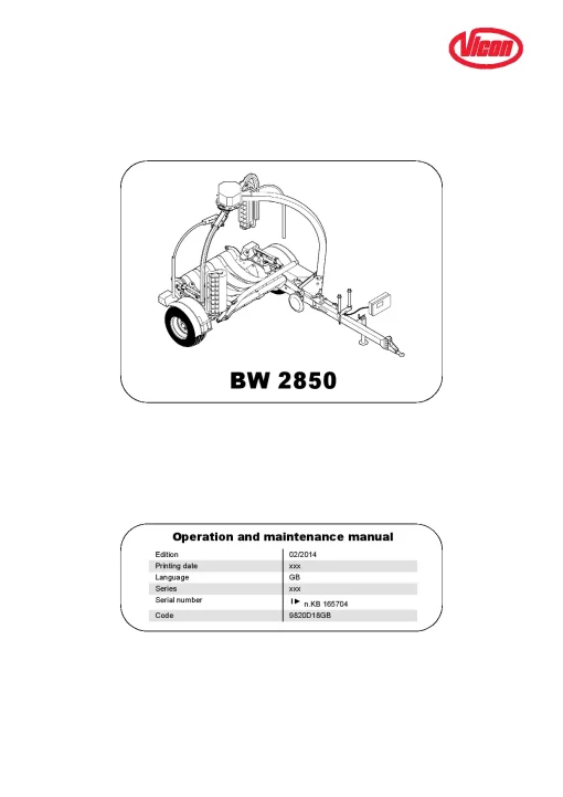 Vicon BW2850 Bale wrapper 2014 Operation Maintenance Manual PDF download