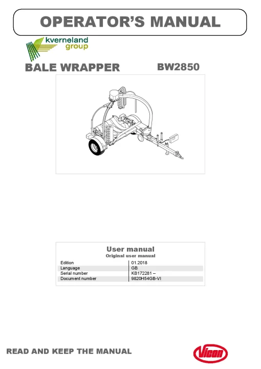 Vicon BW2850 Bale wrapper 2018 Operation Maintenance Manual PDF download