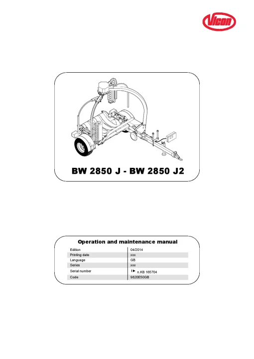Vicon BW2850 - J J2 Bale wrapper 2014 Operation Maintenance Manual PDF download
