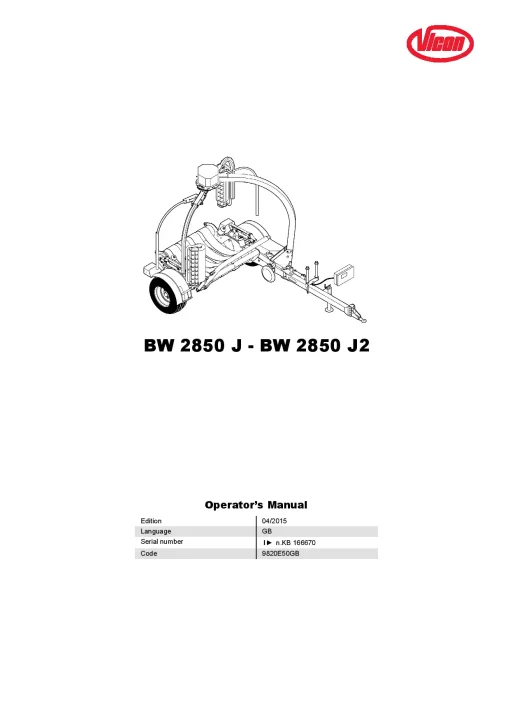 Vicon BW2850 - J J2 Bale wrapper 2015 Operation Maintenance Manual PDF download