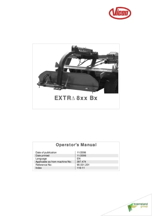 Vicon Bx Extra 8xx Mower Conditioner 2006 Operation Maintenance Manual PDF download