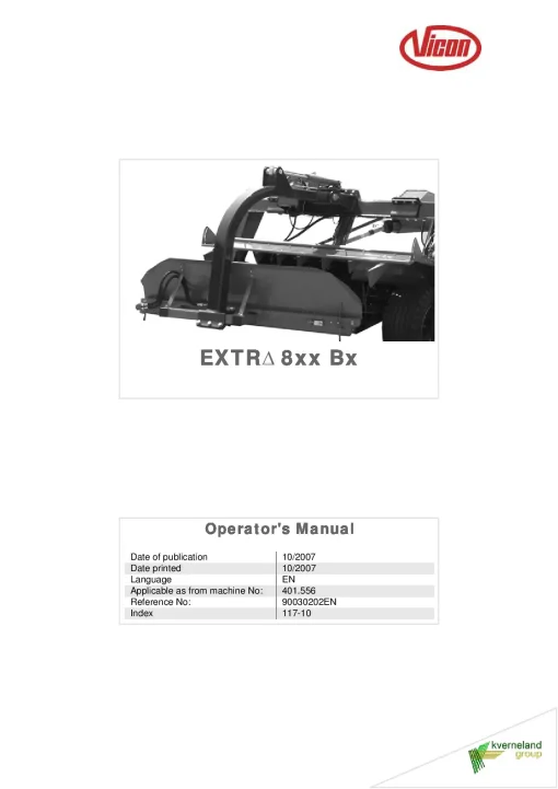 Vicon Bx Extra 8xx Mower Conditioner 2007 Operation Maintenance Manual PDF download