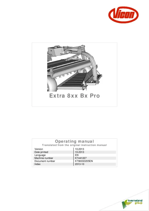 Vicon Bx Extra 9xx Mower Conditioner 2013 Operation Maintenance Manual PDF download