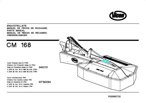 Vicon CM 168 Mower Conditiner 2003 34GT01 Parts Manual Catalog Pdf Download