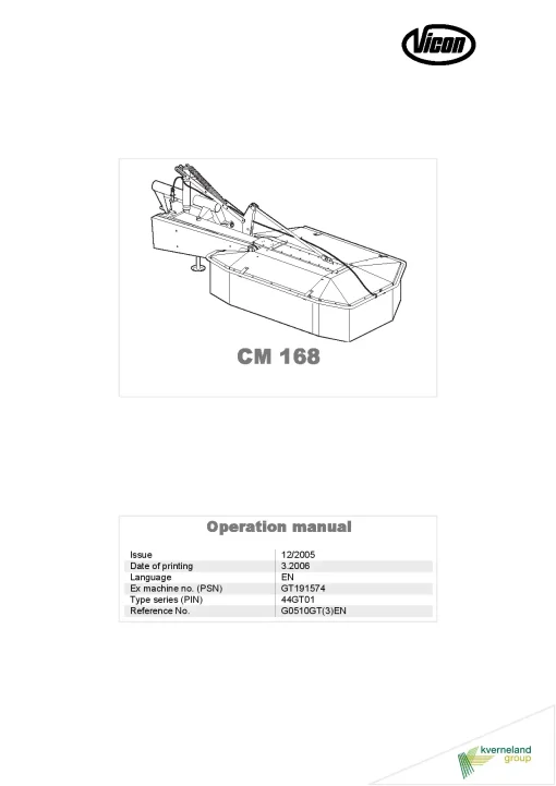 Vicon CM 168 Mower Conditiner 2005 44GT01 Operation Maintenance Manual PDF download
