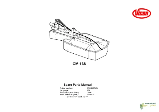Vicon CM 168 Mower Conditiner 2006 44GT01 Parts Manual Catalog Pdf Download